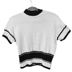 ST.JOHN SPORT 100% Cotton Mock Neck Short Sleeve Chic Striped Sweater Top Small